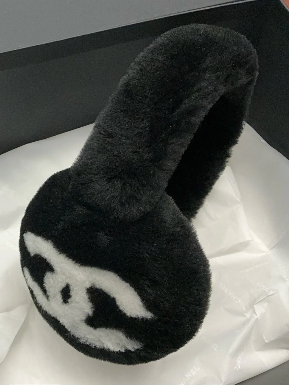 BNIB CHANEL Black White Logo Shearling Lamb Earmuffs